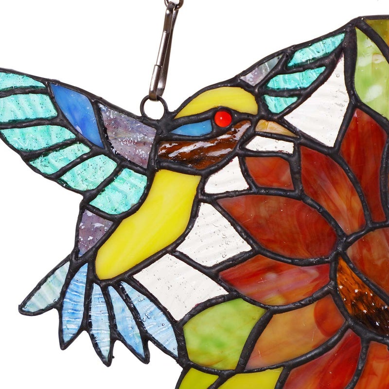 Bieye W10006 Hummingbirds Flower Tiffany Style Stained Glass Window Hangings Panel with Chain, 15" W x 7" H - Image 3